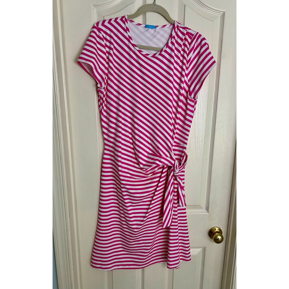 J. McLaughlin Sz Large Side-Tie Pink w/White Stripes Dress